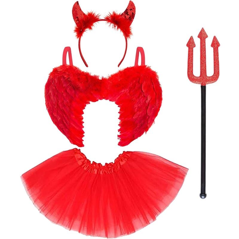 REDSTAR Costume de diable pour enfant – L'ensemble de 4 pièces comprend : ailes en plumes rouges, bandeau cornes de diable, acce