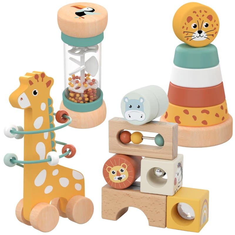 Nene Toys Jouet Bébé 1 an – Jouet Montessori en Bois 4-en-1 avec Blocs Sensoriels, Pluie Musicale, Labyrinthe Girafe & Anneaux à
