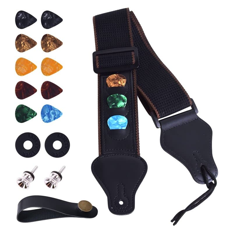 Lot de 4 Sangle de guitare avec extrémités en cuir Courroie de Guitare Longueur réglable avec 10 médiators verrous de sangle pou