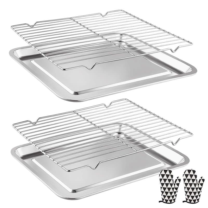 Mapille Plaque de Cuisson en Acier Inoxydable, Plaque à Patisserie avec Grille de Refroidissement et Gants de Four, Plaque de Fo