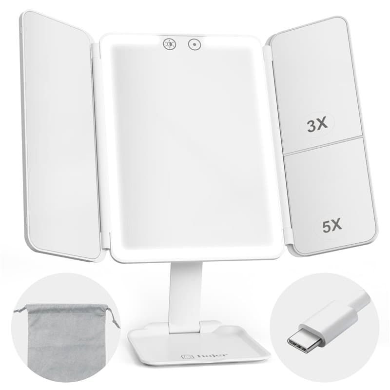 hajer Miroir Maquillage Lumineux à LED + Pochette de Transport, Grossissant 1X/3X/5X, 3 Modes éclairage, Tactile et Rechargeable