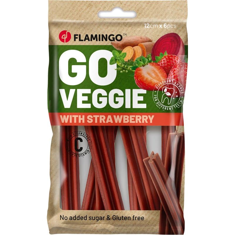 Flamingo Friandise Veggie pour Chien Bâton avec Fraise – 6 pièces de 12cm, 78g – Bâtonnet à la Fraise Rouge | Snack Dentaire san