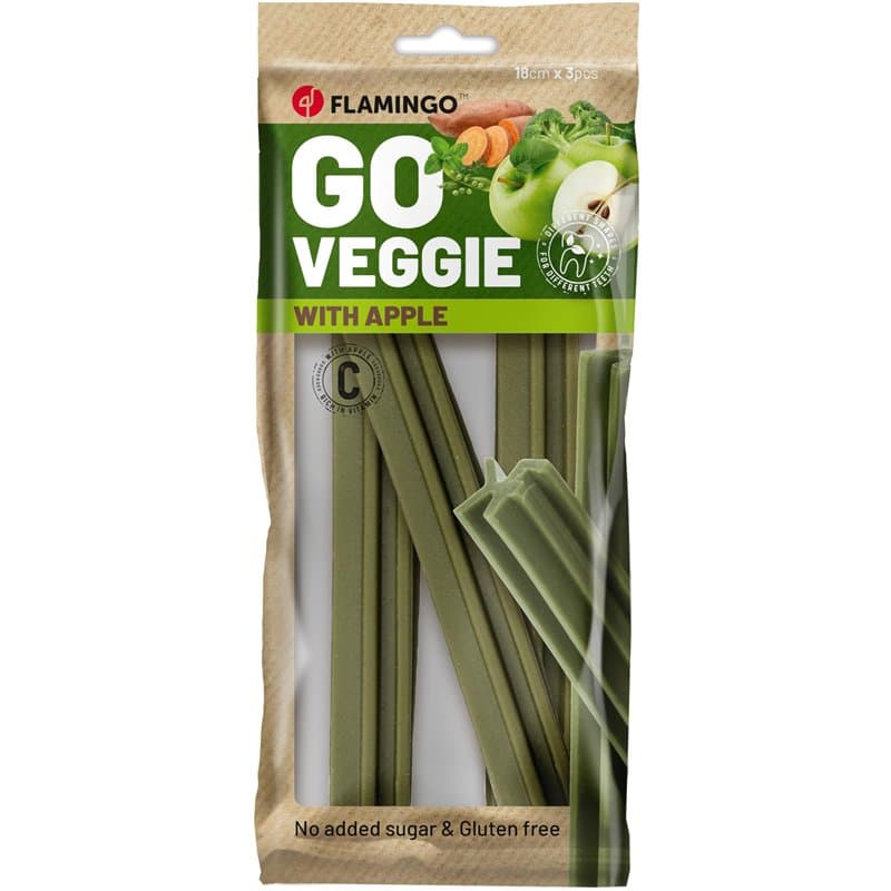Flamingo Friandise Veggie pour Chien Bâton avec Pomme – 3 pièces de 18cm, 150g – Bâtonnet à la Pomme Verte | Snack Dentaire sans
