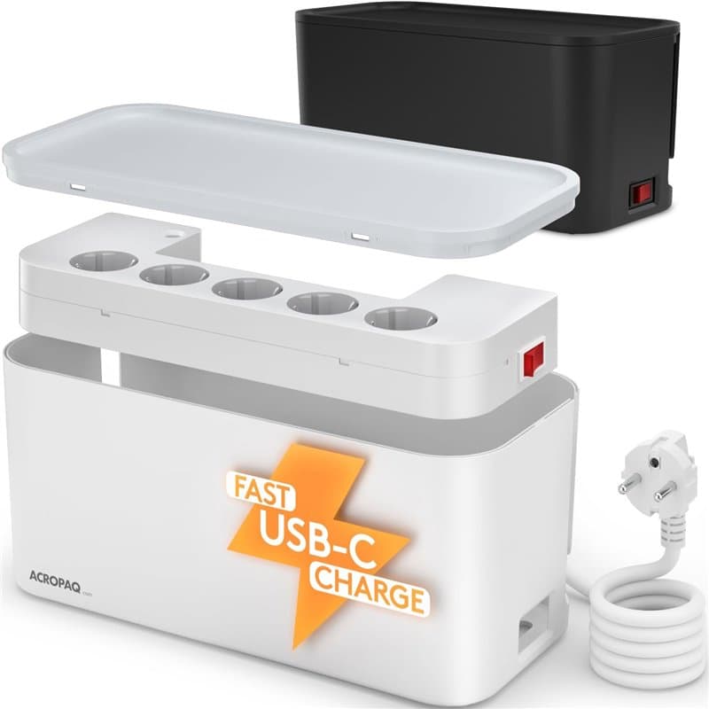 Cache multiprise - avec multiprise intégré, USB-C, USB-A, 5 x Prises - Boite Cache Cable, Boîte de Rangement pour Câbles - ACROP