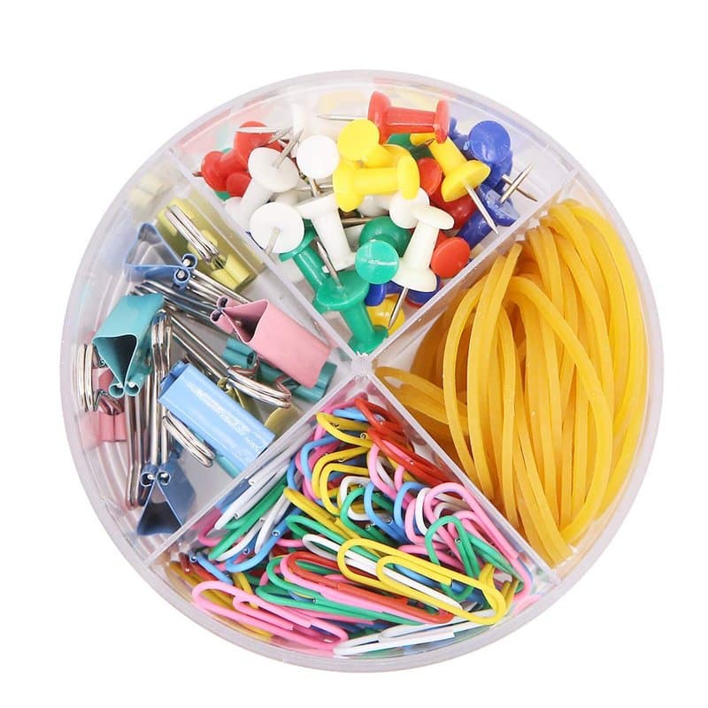 Lot de fournitures de bureau dans une boîte ronde 4 en 1 avec pinces colorés, élastiques en caoutchouc, trombones, punaises pour