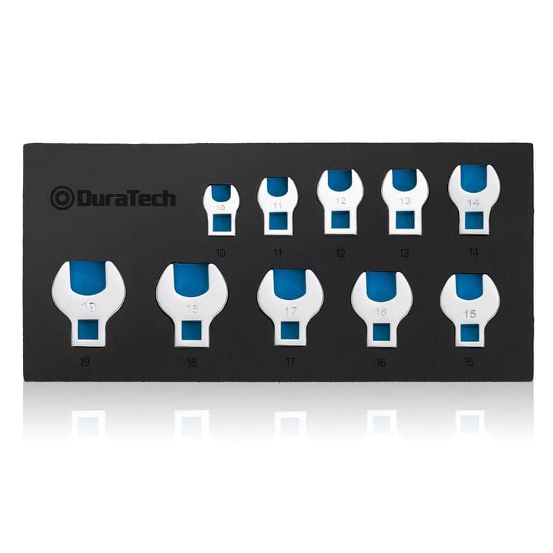 DURATECH Jeu de clés à patte d'oie à tête pivotante 3/8", 10 pièces clé à écrou évasé, Jeu de clés crowfoot à tuyauter 10-19 mm,