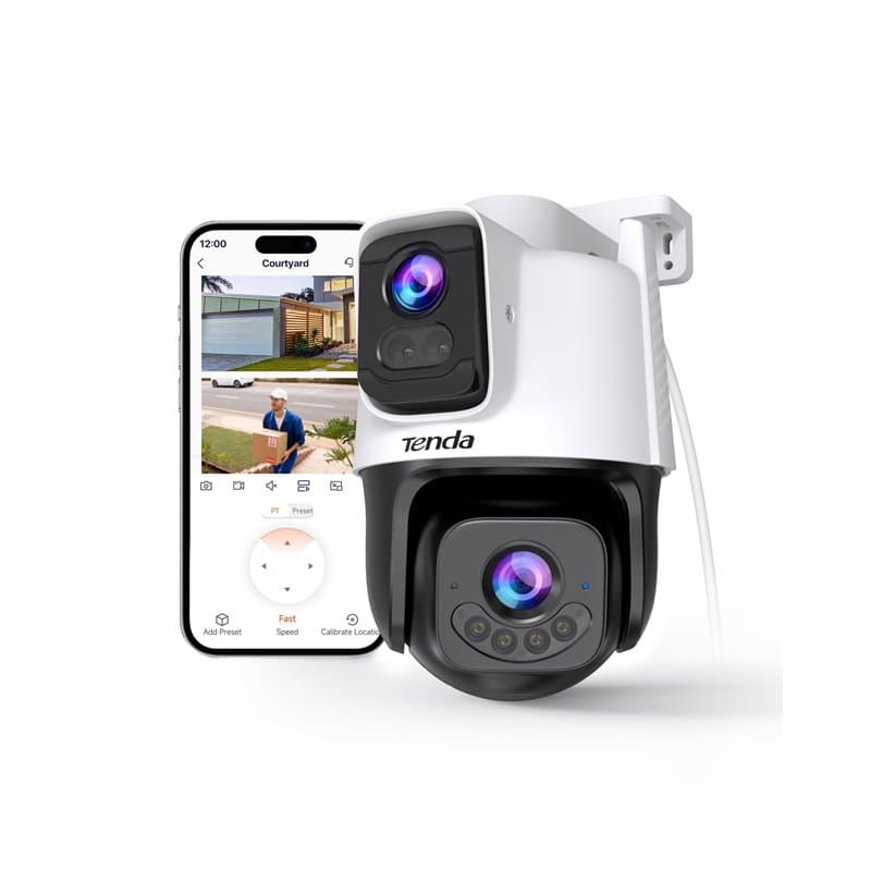 Tenda Caméra Extérieure WiFi 3MP+3MP, Double Objectif, 360° PTZ, Audio Bidirectionnel, Couleur Vision Nocturne 30m, Détection Pe