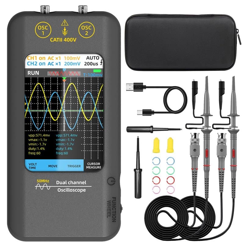 BSIDE Oscilloscope Numérique 2 canaux 50MHz Oscilloscope de poche Ecran tactile 3.98'' Oscilloscope Portable Générateur de Signa