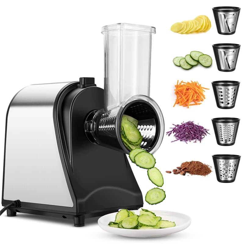 Meykey Coupe-légumes électrique, Hachoir multifonctionnel Râpe 250W avec 5 cônes en acier inoxydable