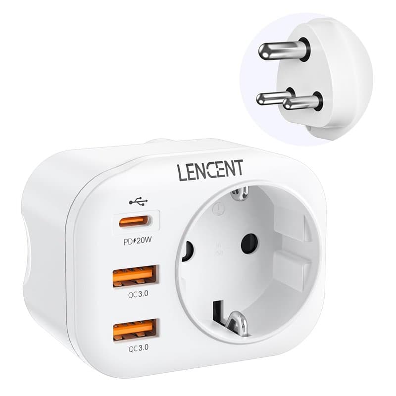 LENCENT Adaptateur de Voyage Europe vers Inde, avec 2 Ports USB QC3,0 + 1 USB C PD Voyage vers Inde, Sri Lanka, Népal, Niger, Li