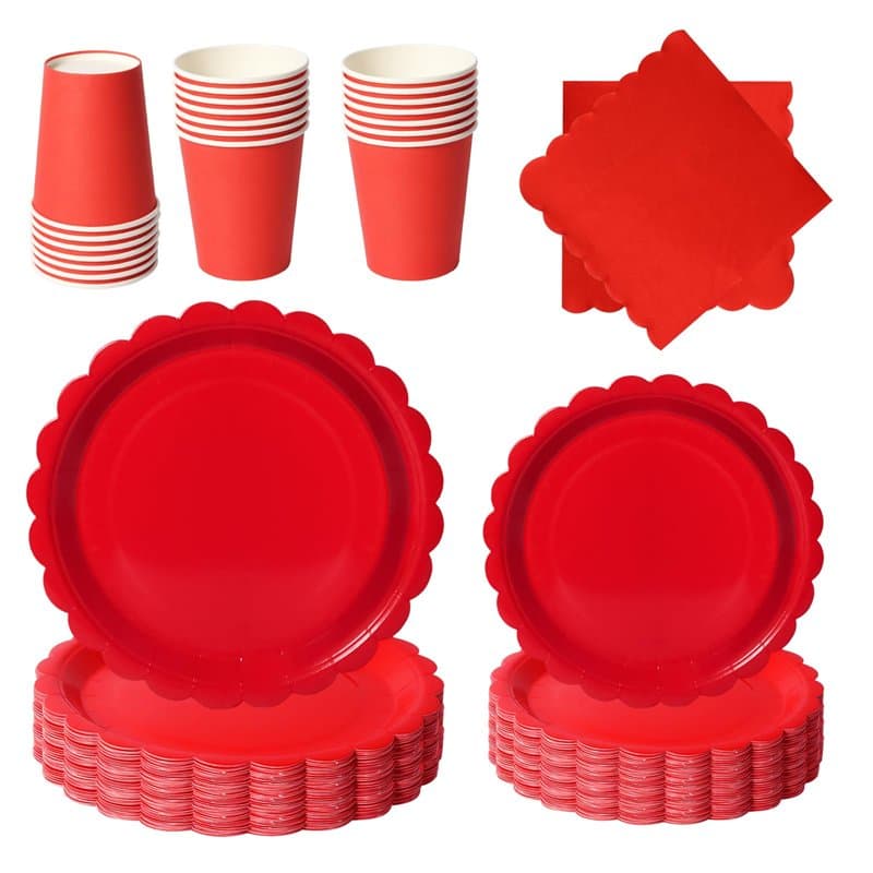 PYAILI Anniversaire Vaisselle de fete 96 Pièces Rouge Party Assiettes en Papier Set Assiettes de Fête Papier Tasses Serviettesr,