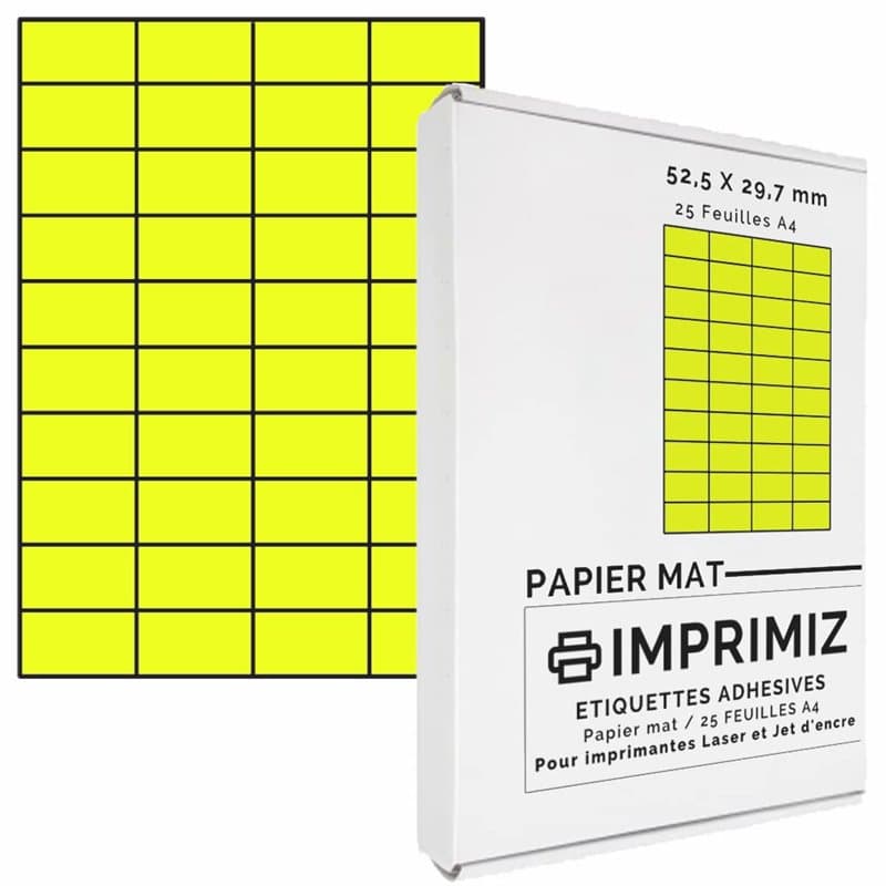 1000 étiquettes autocollantes Jaune fluo de 52,5 X 29,7 mm - 40 étiquettes/feuille - 25 planches papier A4 adhésif couleur - pou