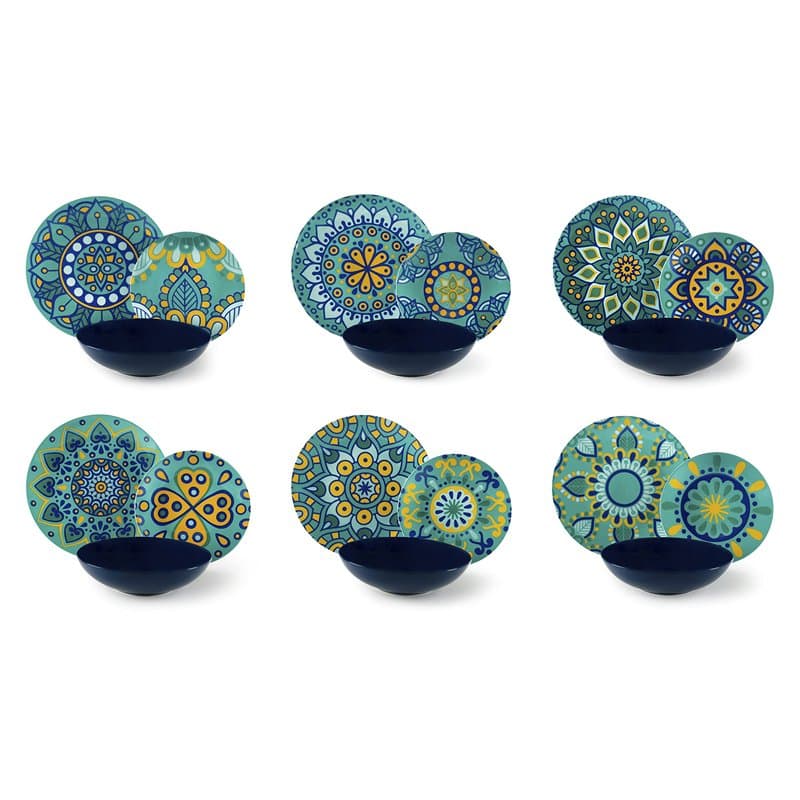 Excelsa Mandala Méditerranée Service Assiettes 18 Pièces, Porcelaine et céramique, multicolore