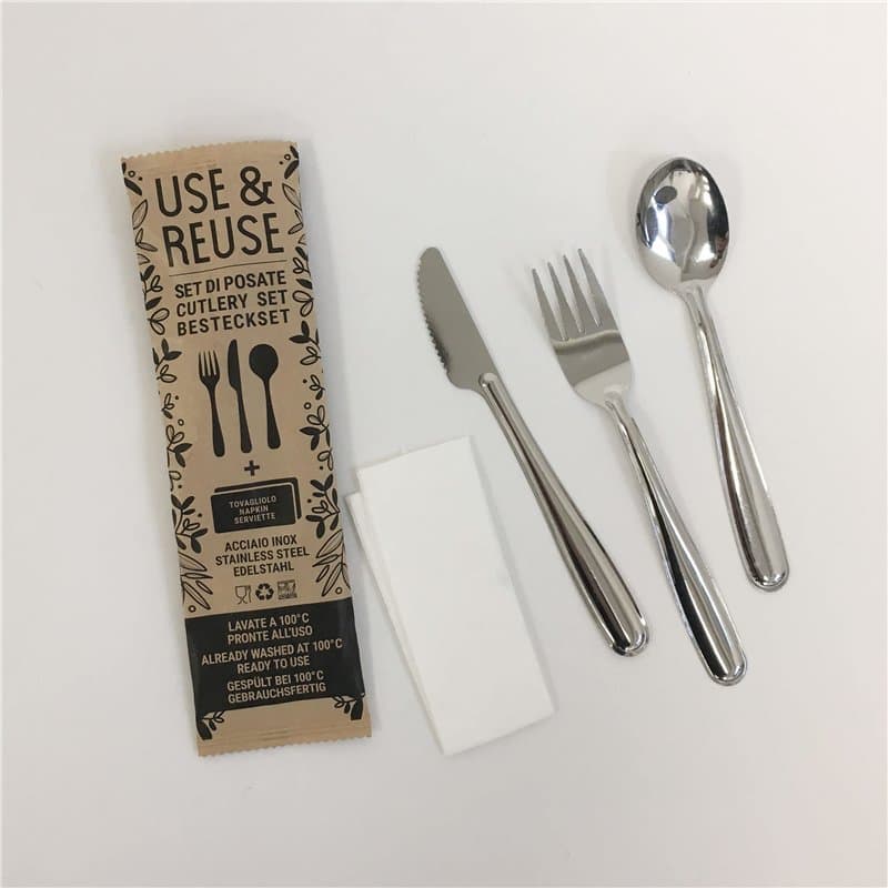 Pintinox Lot de 100 paquets fourchette, couteau et cuillère Use&Reuse avec serviette, acier inoxydable sans nickel, alternative