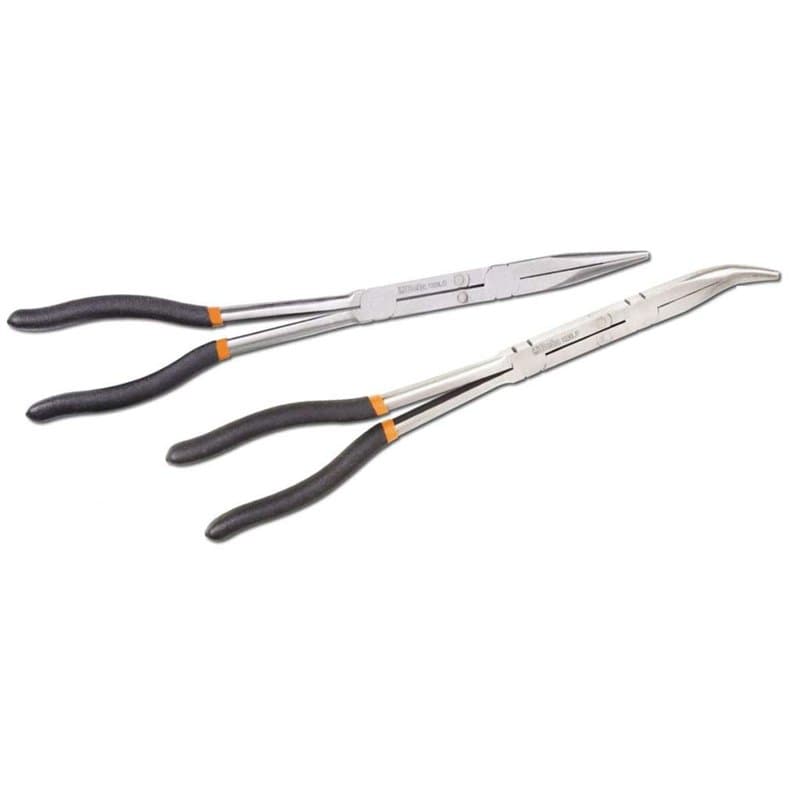 Beta 1009L/DP-S2 - Jeu de 2 pinces extra-longues à becs demi-ronds striés avec double articulation