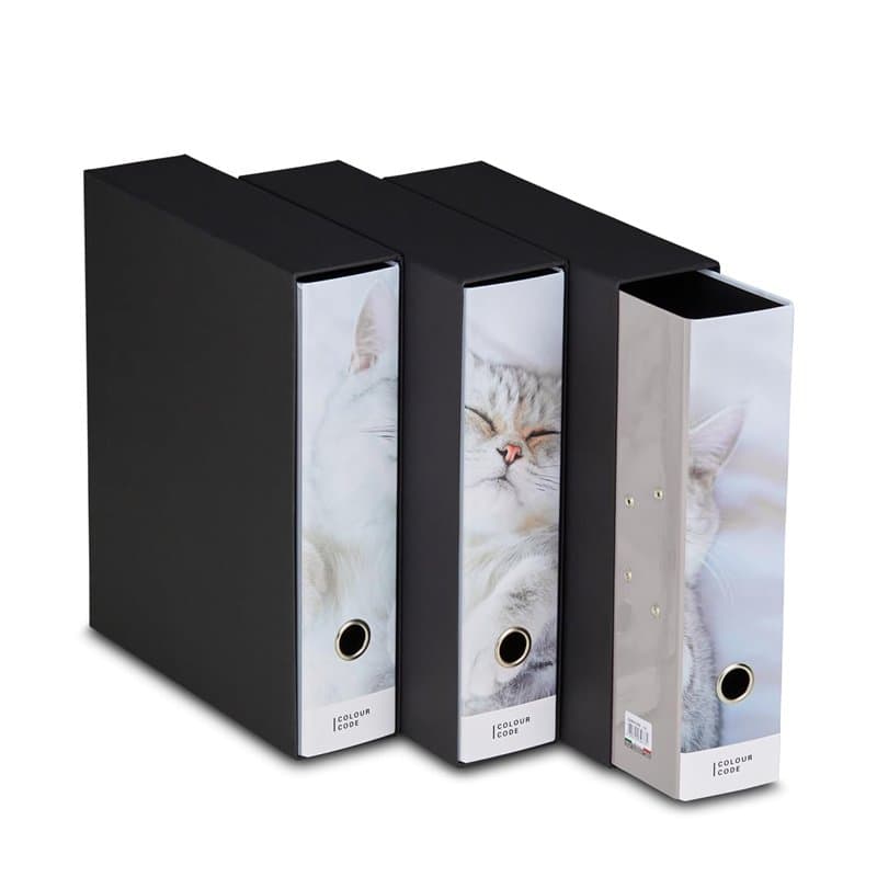 Lot de 3 classeurs à anneaux, couleur code, blanc, thème chaton, plastifiés brillants, idéal pour feuilles A4, mécanisme à levie
