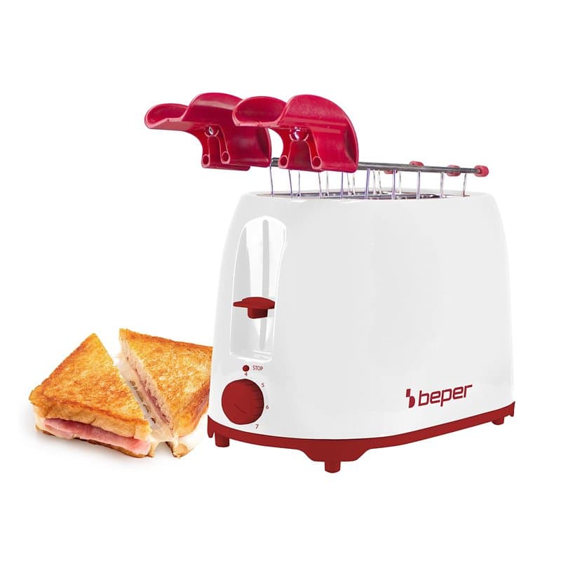 BEPER P101TOS100 Grille-Pain avec Pinces en Acier Inoxydable, 7 Niveaux de Brunissement, Ramasse-Miettes, 2 Fentes Larges