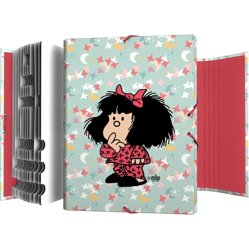 Grafoplas - Classeur scolaire Mafalda Pyjama, 12 positions, carton plastifié toucher doux, format folio, 35 x 26 x 2 cm, certifi
