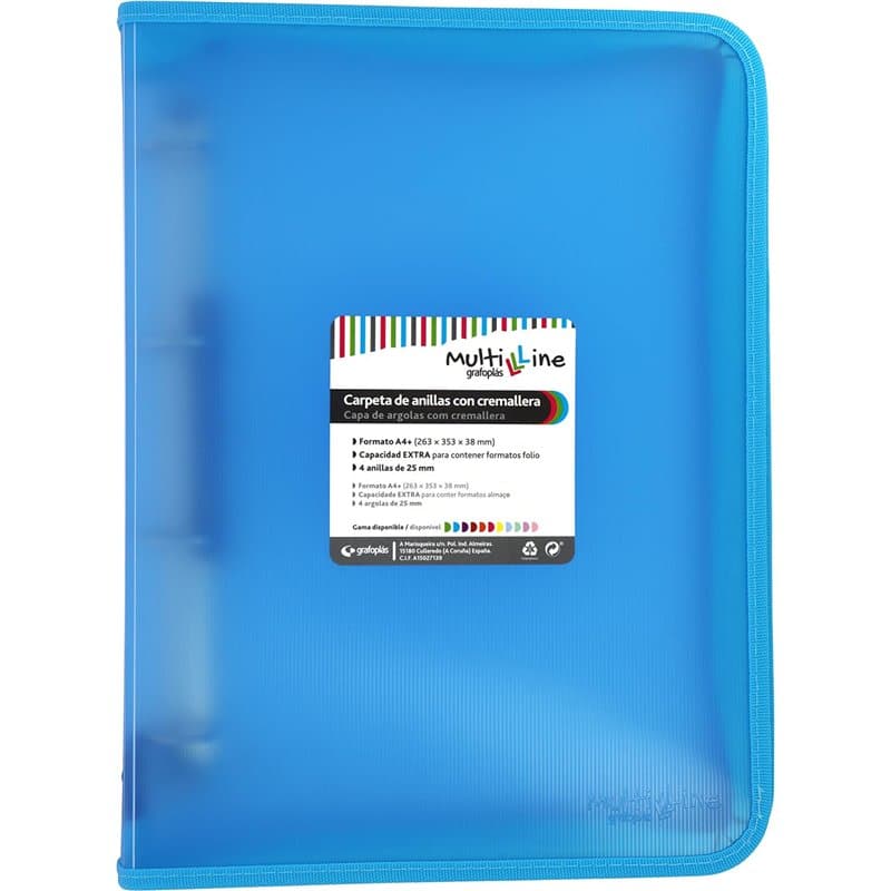 Grafoplás Classeur à anneaux avec fermeture éclair A4+, bleu clair, multiline, 4 anneaux mixtes de 25 mm, couverture en polyprop