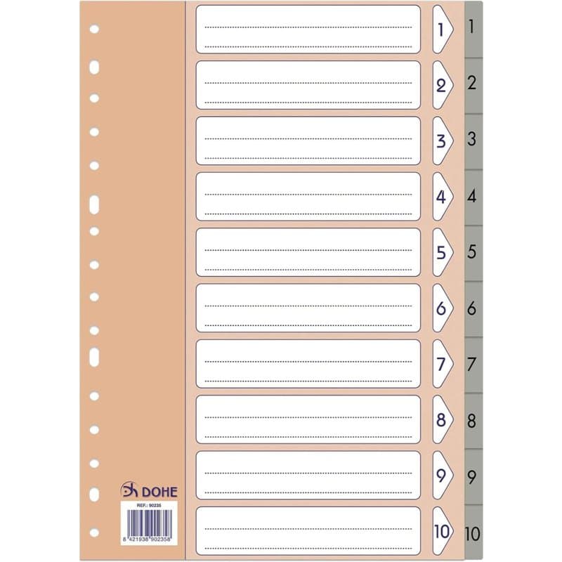 Dohe - Intercalaires classeurs 2 et 4 anneaux (10 unités) - Index format A4, numérotés 1-10, plastique résistant 180 microns, 16