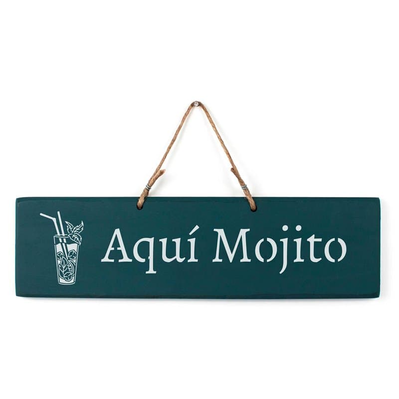QUALIART Plaque en bois à suspendre, décoration, 38 x 10 cm, couleur bleu canard « Ici Mojito »