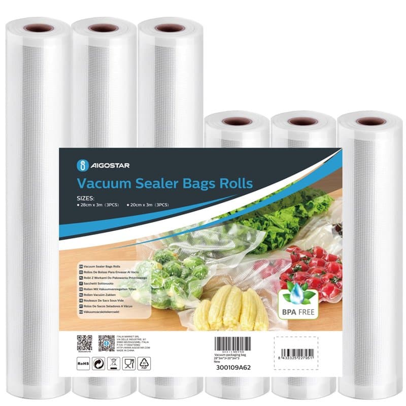 Aigostar Sac Sous Vide Alimentaire, Pack de 6 Rouleaux (20x300 cm et 28x300 cm), Sans BPA, Approuvé par la FDA, Sacs Sous Vide S