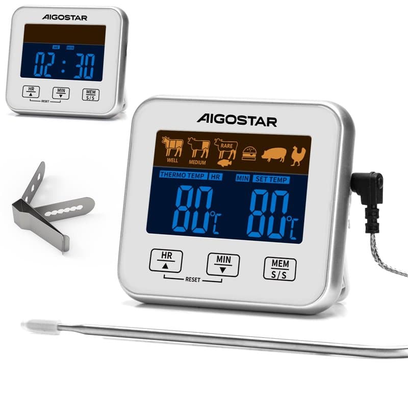 Aigostar Elliott - Thermometre Cuisine numérique/minuteur de cuisine, Sonde Temperature, Thermomètre à Viande, Écran LCD Rétroéc