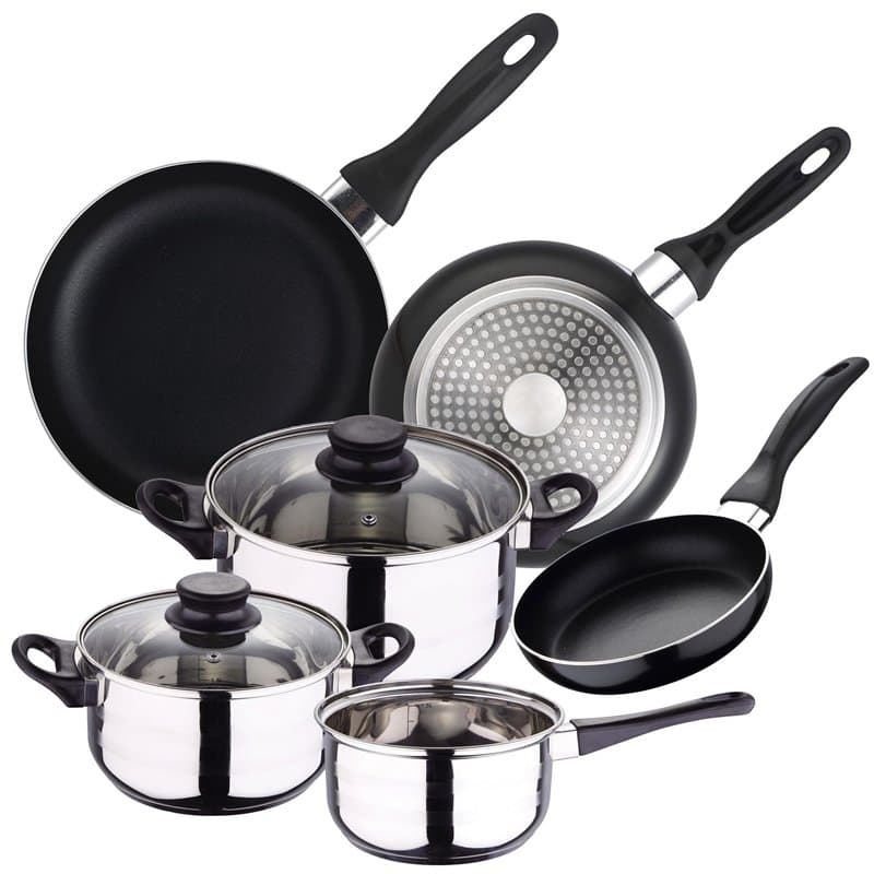 Batterie de cuisine 5 pièces en acier inoxydable + Set de 3 poêles Ø16Ø20Ø24 alu pressé