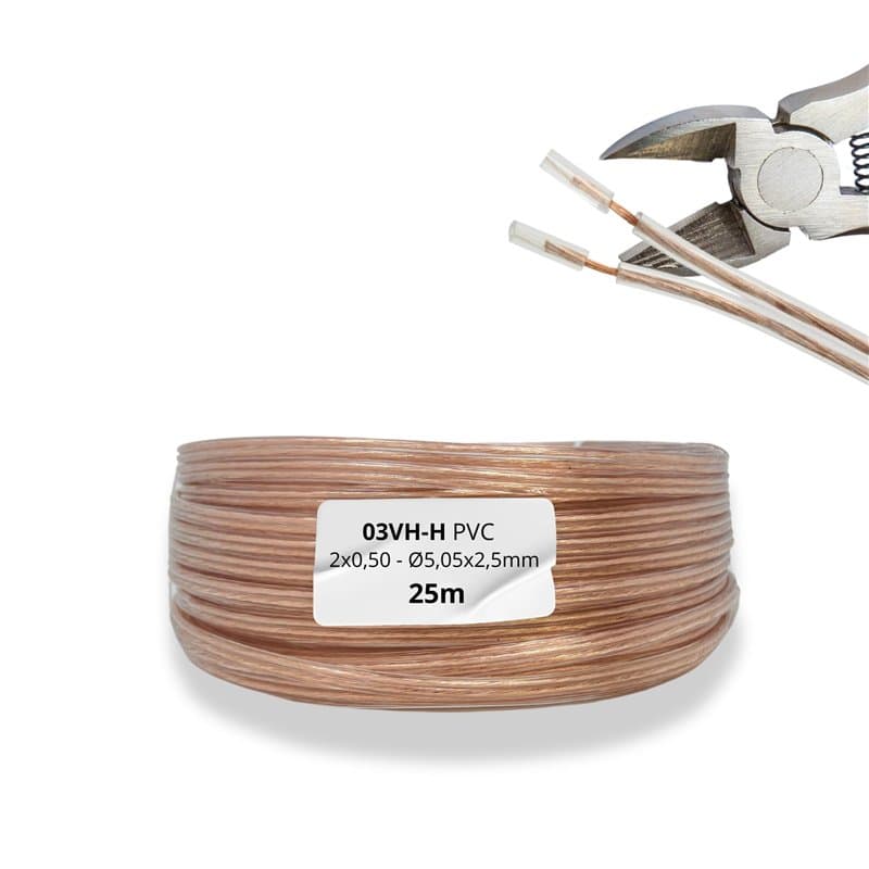 HALOTEC. 25 mètres Câble parallèle flexible transparent cuivre PVC 2 x 0,50 mm² | Câble double transparent cuivre | Cordon élect
