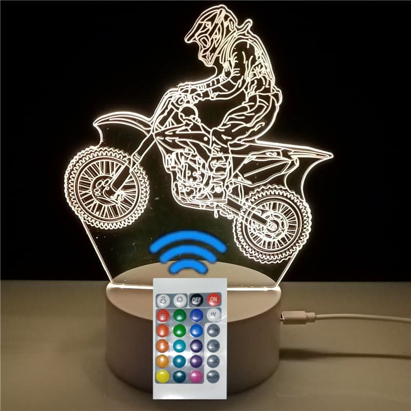 famvacor Lampe de chevet optique 3D illusion motocross pour jeunesse en cadeau, con 16 colores de éclairage et télécommande (Mot