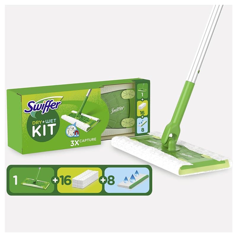 Swiffer Kit Complet Balai, 1 Balais, 16 Lingettes Sèches et 8 Lingettes Humides, Attrape Et Retient 3 Fois Plus De Poussière, Sa