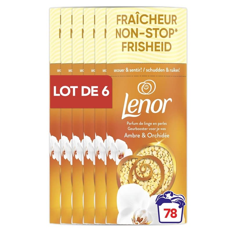 Parfum de linge en perles Lenor, 78 lavages (6 x 155g), Ambre et Orchidée, jusqu’à 12 semaines de fraîcheur continue dans l’armo