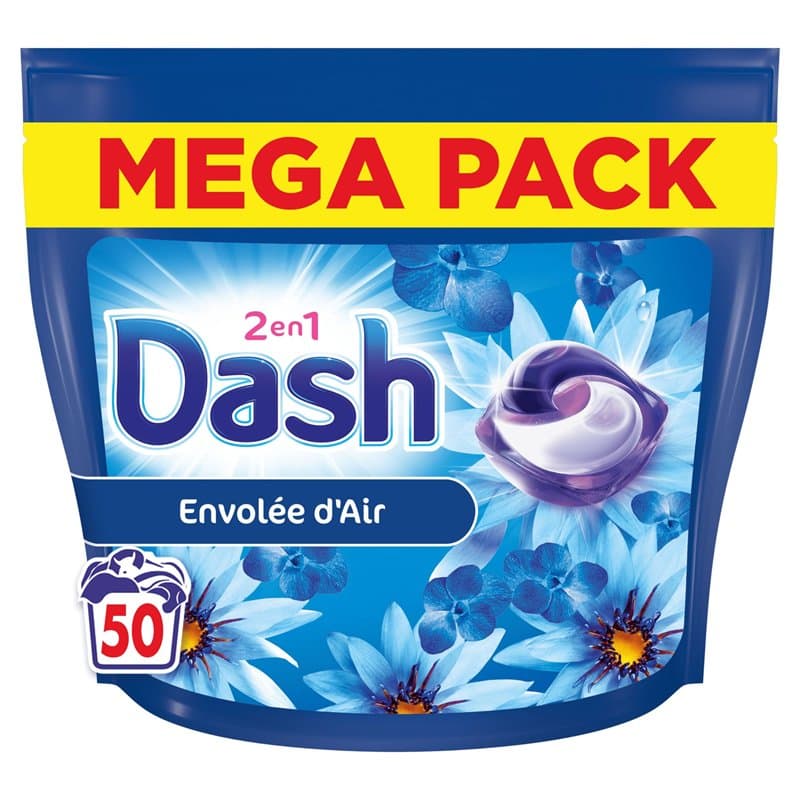Dash 2en1 PODS Envolée d'Air, 50 Lavages, Lessive Capsules 3-en-1, 3 Semaines de Fraîcheur avec Lenor, Parfum Brise Marine et Fl