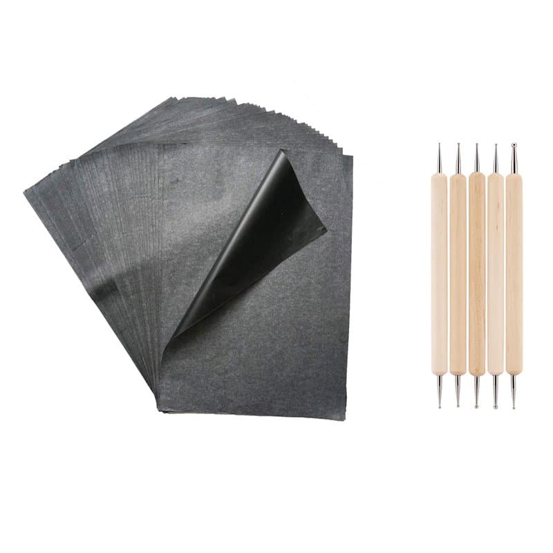 Papier de Copie Carbone,100 Feuilles Papier Carbone Noir,A4 Graphite Transfert Papier avec 5 Pièces Stylets de Gaufrage pour Toi