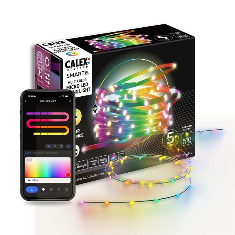 CALEX Ruban Micro LED Connecté 5M, 50 LEDs, RGBIC, 16M Couleurs, App/Alexa/Google/Siri, Musique, Programmation, IP20