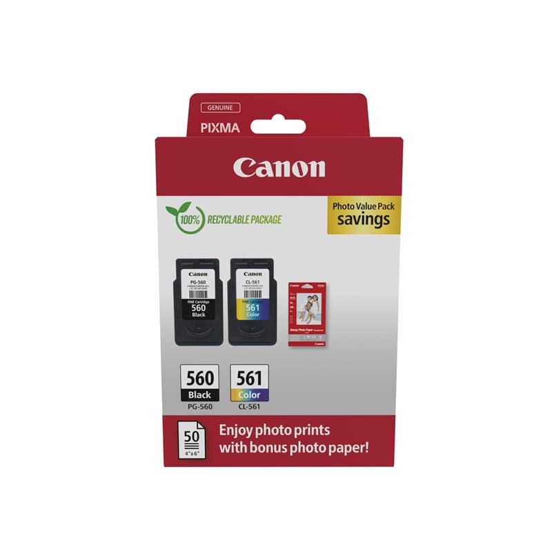 Canon PG-560 CL-561 Pack de 2 cartouches (1x Noir 1x Couleur) Certifié Canon + 50 feuilles Papier Photo Canon 10x15cm (Emballage