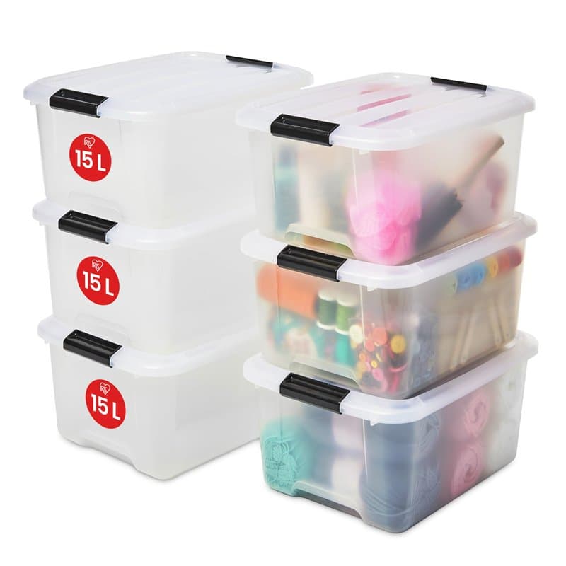 Iris Ohyama, Boite Rangement Plastique avec Couvercle, 15L, Lot de 6, Transparent, Clips de Fermeture, Poignée, Empilable, Porta