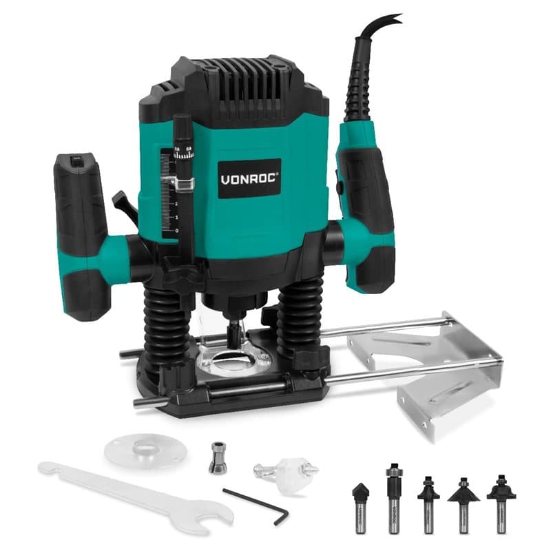 VONROC Défonceuse 1200W – 6-8mm – Vitesse variable 16 000 – 30 000 tr/min – Avec lot de 6 fraises, guide de copie, guide parallè