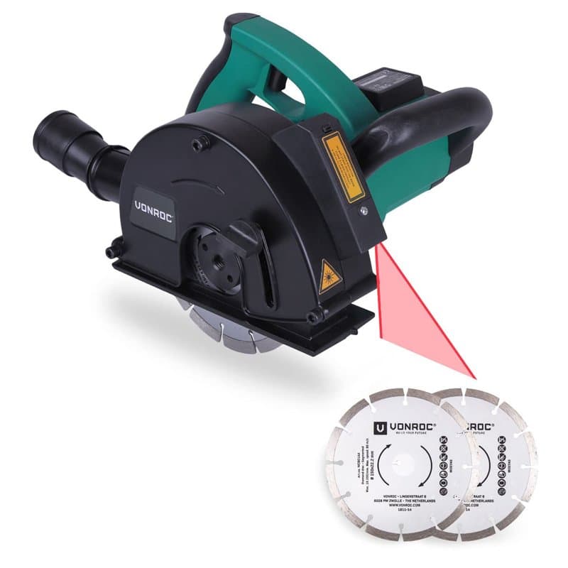 Vonroc Rainureuse Béton et Pierre à Laser 1700W - 4 Disques Diamants 150mm - Guide Laser, Réglage Profondeur de 5 à 40mm - Canau