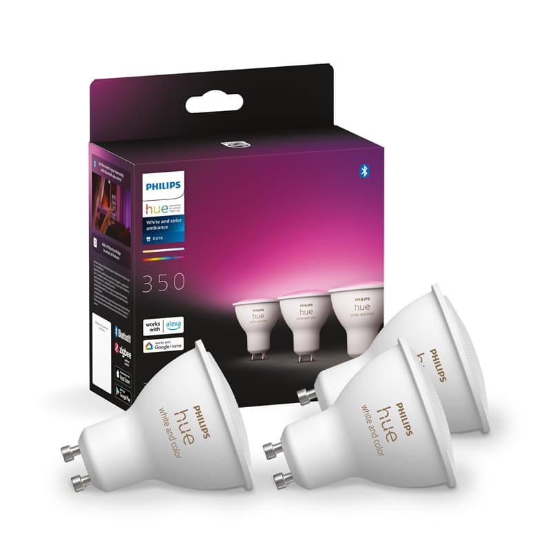 Philips Hue White and Color Ambiance Ampoule LED connectée Pack de 3, culot GU10, 350 lumens (équivalent 50W). Compatible Blueto