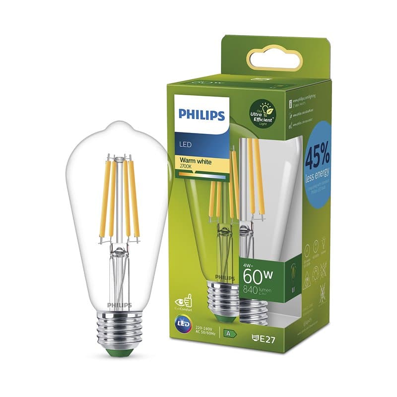 Philips ampoule LED Ultra Efficient Classe A, 60W, format Edison, culot E27, blanc chaud 2700K