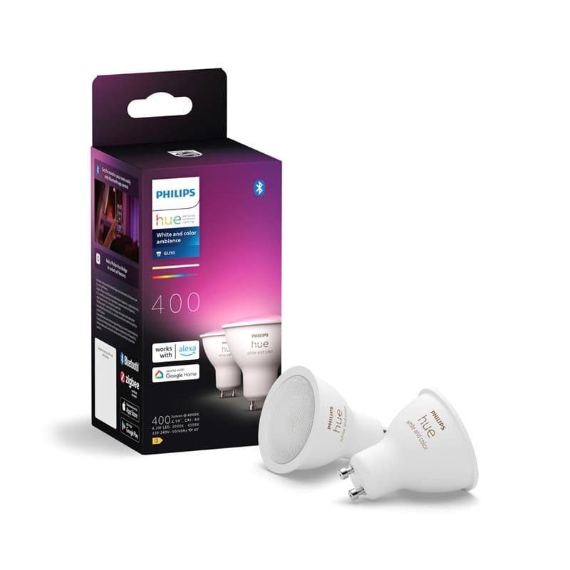 Philips Hue White and Color Ambiance Ampoule LED connectée Pack de 2, culot GU10, 400 lumens, Compatible Bluetooth. Fonctionne a