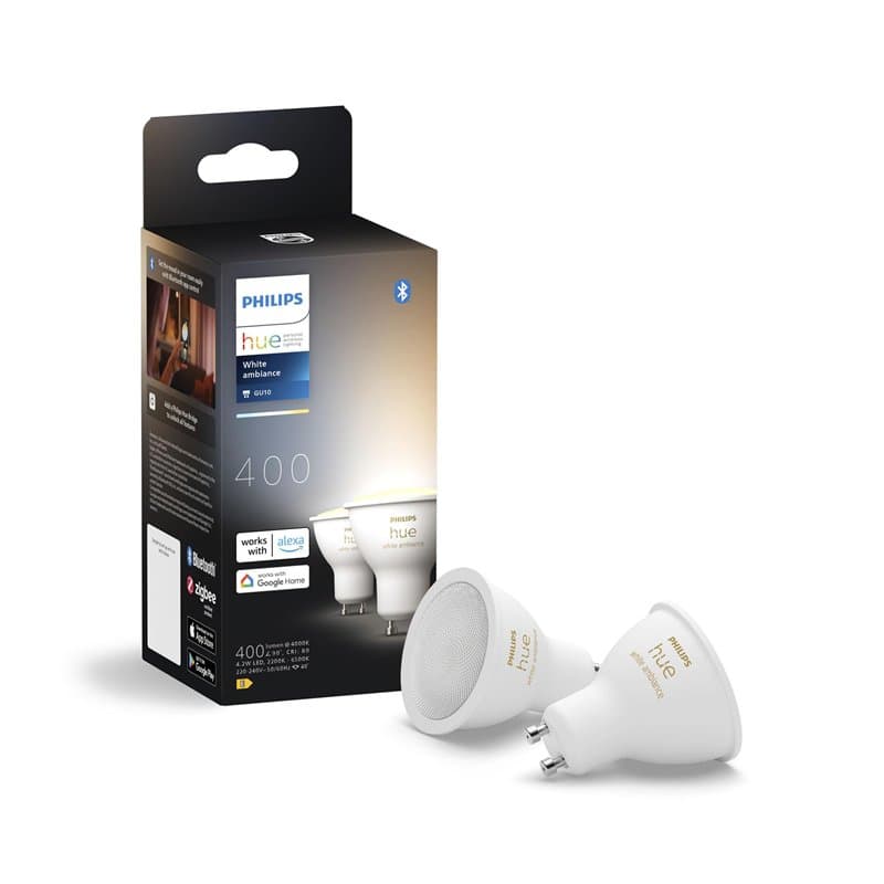 Philips Hue White Ambiance Ampoule LED connectée Pack de 2, culot GU10, 400 lumens, Compatible Bluetooth. Fonctionne avec Alexa,