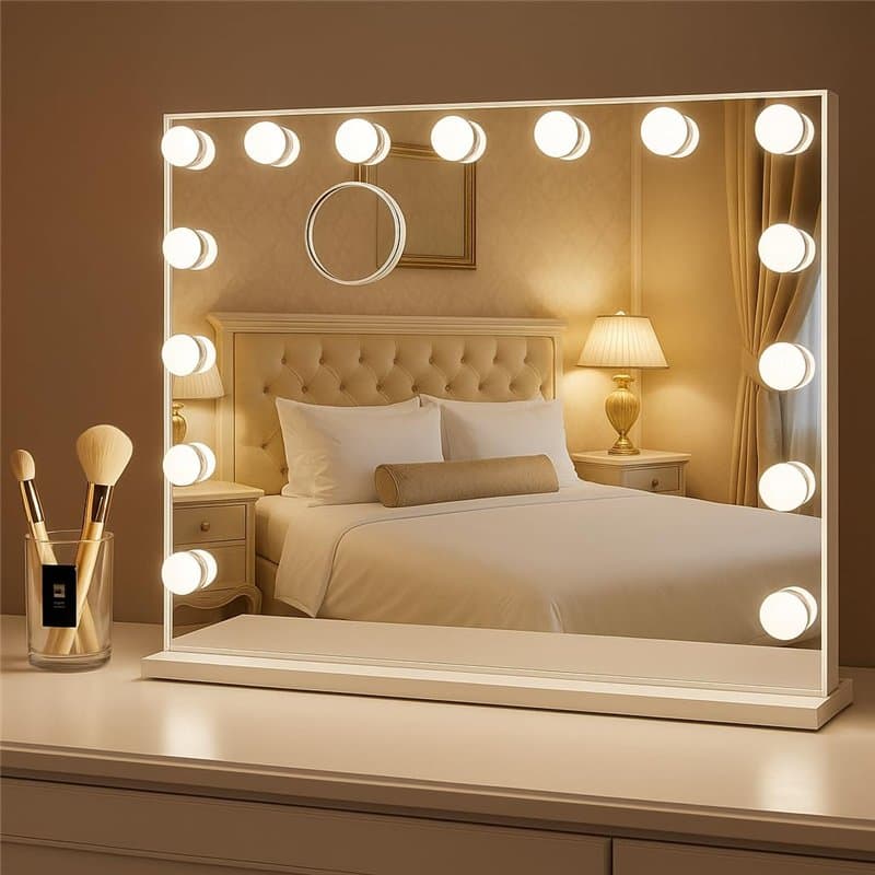 Bayt Miroir Maquillage Hollywood avec Éclairage 58x46 cm – Miroir LED Dimmable avec Grossissement 10x – Blanc