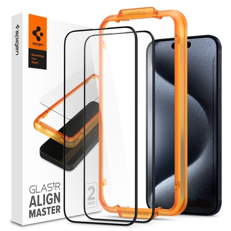 Spigen AlignMaster Verre Trempé Compatible avec iPhone 15 Pro, 2 Pièces, Couverture complète, Résistant aux Rayures, 9H Protecti