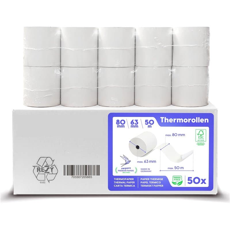 SWIPARO - Rouleaux thermiques 80mm x 50m x 12mm – Bobine papier thermique pour caisse enregistreuse avec imprimante de ticket -