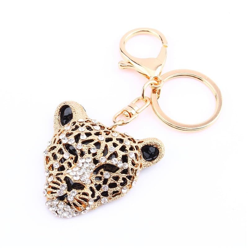 Porte-clés tête de léopard en cristal, anneau porte-clés, pendentif de sac à main à breloque, décoration de sac à main porte-clé