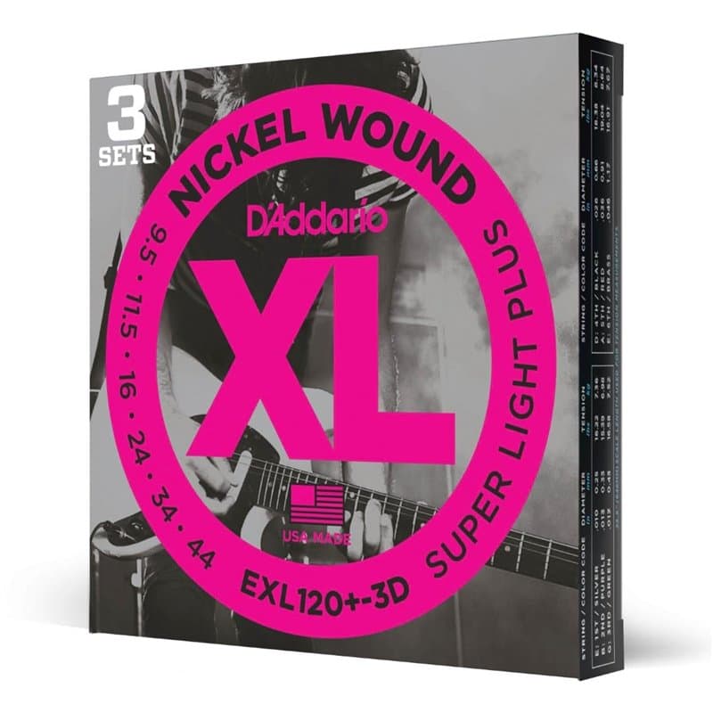 D'Addario EXL120+ Nickel Wound Electric Guitar Strings, Super Light Plus, 9.5-44, 3 Sets