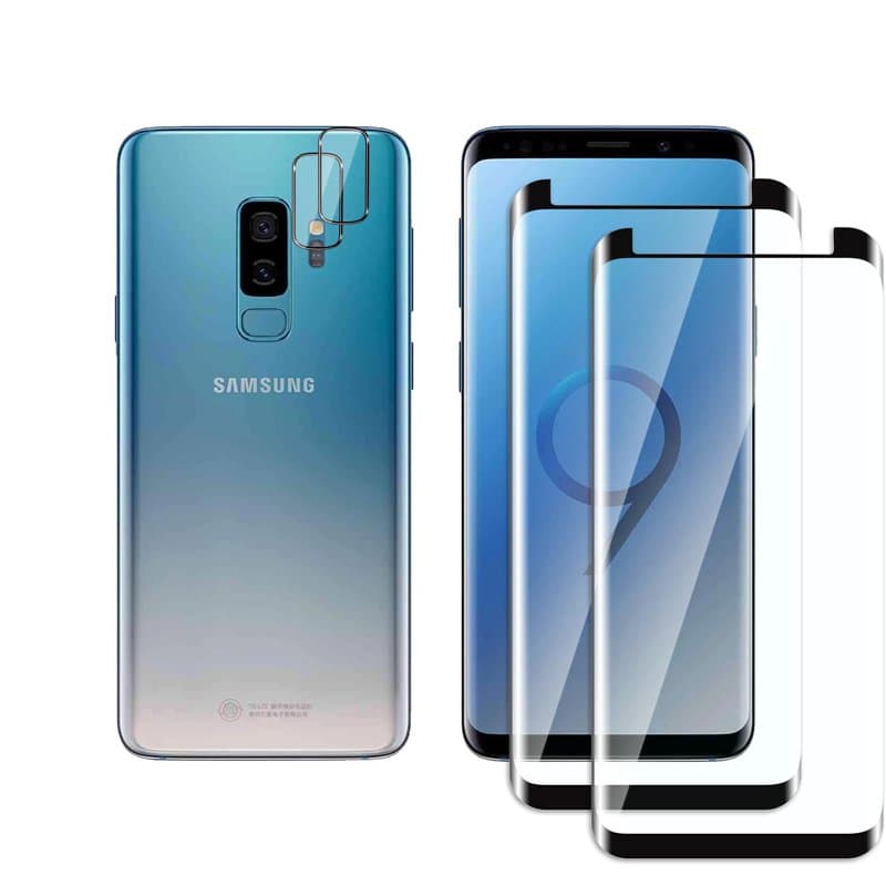 QZJinch Lot de 4, 2 x Verre Trempé pour Samsung Galaxy S9 Plus et 2 x Protection Caméra Arrière,3D Incurvé Couverture Complète,H