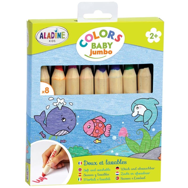 Aladine - 8 Crayons de Couleur Enfant XXL - Gros Crayons de Couleur Bébé - Dès 2 Ans - Épais, Lavables & Faciles à Prendre en Ma